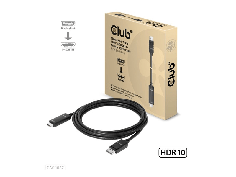 ADA Club3D DisplayPort 1.4 to HDMI 4K120Hz or 8K60Hz HDR10 Cable M/M