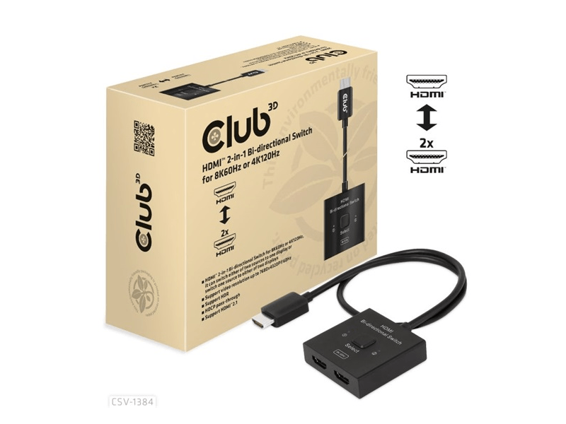 ADA Club3D HDMI 2-in-1 Bi-directional Switch for 8K60Hz or 4K120Hz