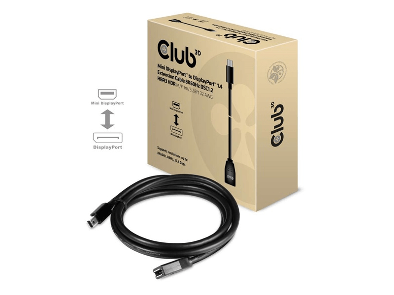 ADA Club3D Mini DisplayPort to DisplayPort1.4 Extension Cable 8K60Hz DSC1.2 HBR3 HDR M/F 1m/3.28 ft