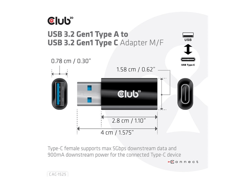 Club3D CAC-1525 USB 3.2 Gen1 Type A - USB 3.2 Gen1 Type C adapter