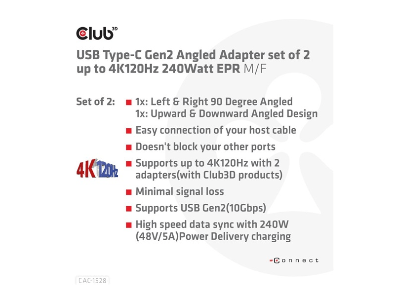 Club 3D CAC-1528 USB Type-C Szögletes adapter, 2 db
