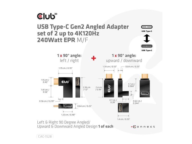 Club 3D CAC-1528 USB Type-C Szögletes adapter, 2 db