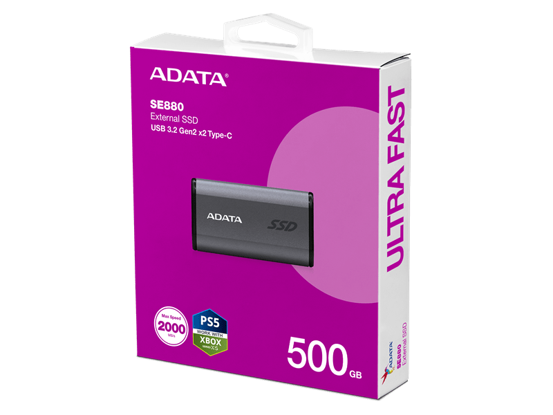 ADATA Külső SSD 500GB - SE880 (USB3.2 Type C, R/W: 2000/2000 MB/s, Szürke)