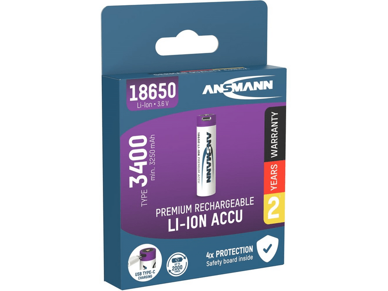Ansmann 18650 Li-ion 3400mAh védett akkumulátor USB töltéssel (1307-0003)