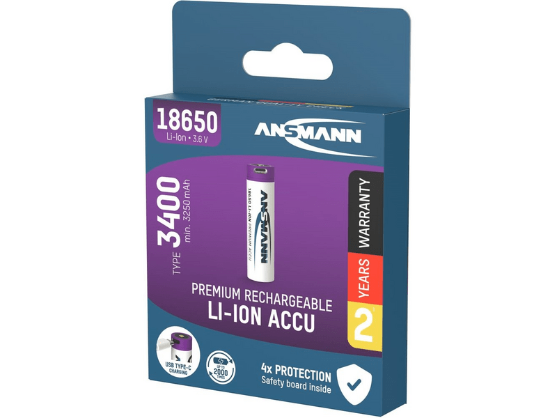 Ansmann 18650 Li-ion 3400mAh védett akkumulátor USB töltéssel (1307-0003)