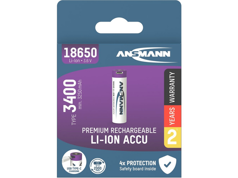 Ansmann 18650 Li-ion 3400mAh védett akkumulátor USB töltéssel (1307-0003)