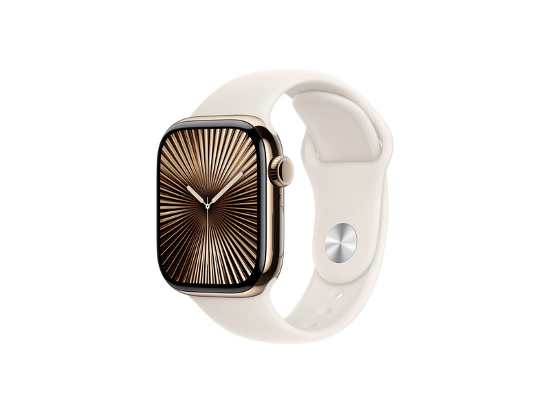 Apple Watch Series 10 GPS + Cellular, 42 mm-es arany titántok, csillagfény sportszíj, S/M (MX063QH/A)