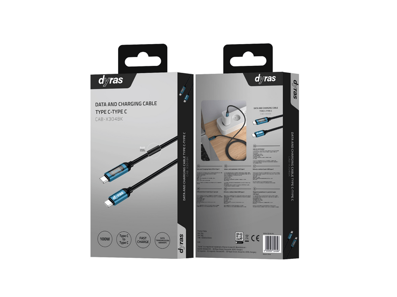 Dyras CAB-X304BK Adat- és töltőkábel, Type-C Type-C, 1m