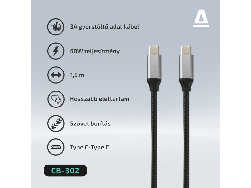 Avax CB302G Steely Type C -Type C kabel, 60 W, 1,5 m