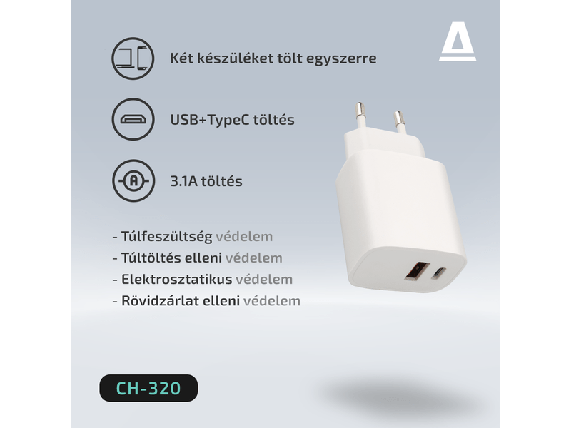 AVAX CH320 Fali töltő USB + Type C 20W