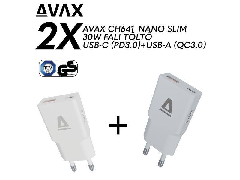 Avax CH641W & CH641LB 30W GaN USB-C + USB-A Gyorstöltő szett