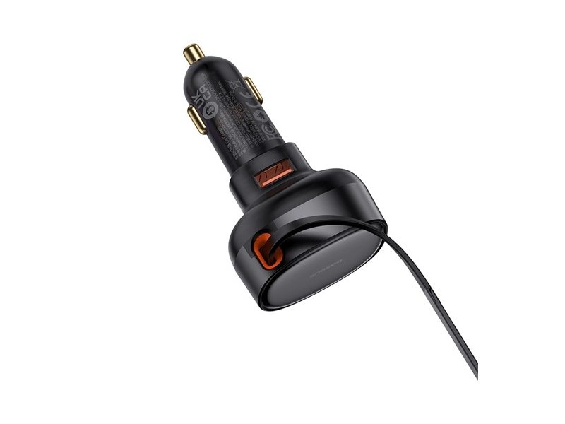 Baseus Enjoyment Pro 55W, USB Type-A autós gyorstöltő, iPhone automata behúzós kábellel