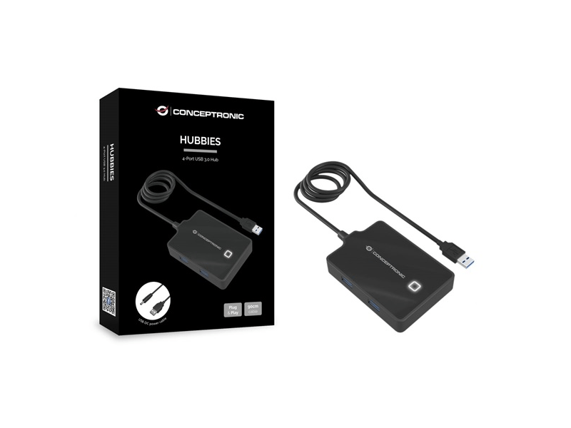 Conceptronic Aktív USB Hub - HUBBIES11B (4 port, USB3.0, 90cm kábel, USB táp, fekete)