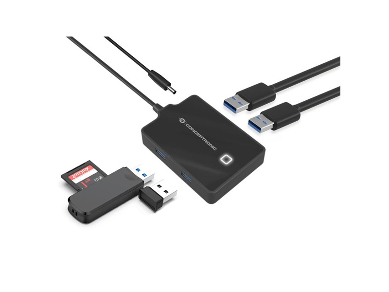 Conceptronic Aktív USB Hub - HUBBIES11B (4 port, USB3.0, 90cm kábel, USB táp, fekete)