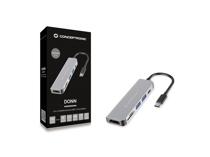 Conceptronic Notebook Dokkoló - DONN02G (Bemenet: USB-C, Kimenet: HDMI+USB-C PD:60W+USB-A+SD/TF, szürke)