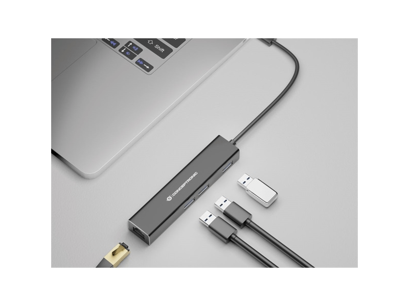 Conceptronic USB Hub - DONN07B (USB-C to 3xUSB-A 3.0+RJ-45, fekete)