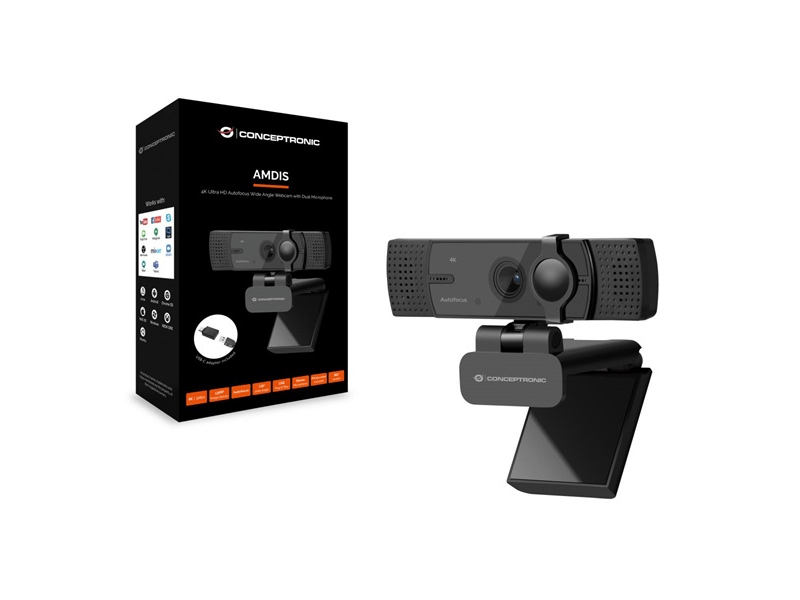 Conceptronic Webkamera - AMDIS08B (3840x2160 képpont, Auto-fókusz, 60 FPS, 120° betekintési szög, mikrofon)