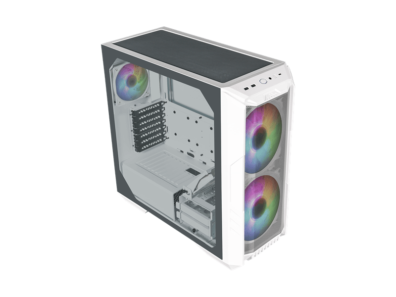 COOLER MASTER Ház Midi ATX HAF 500 ARGB + 4db Ventilátor, Tápegység nélkül, Üvegfalú, fehér