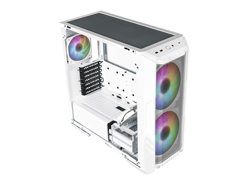 COOLER MASTER Ház Midi ATX HAF 500 ARGB + 4db Ventilátor, Tápegység nélkül, Üvegfalú, fehér