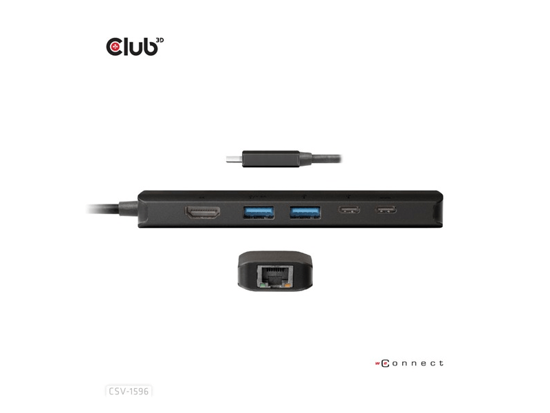 Club3D CSV-1596 USB Gen1 Type-C, 6-in-1 Hub, HDMI 8K30Hz-4K120Hz, 2xUSB Type-A, RJ45, 2xUSB Type-C