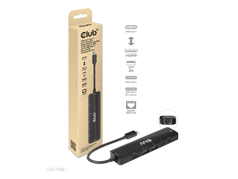 Club3D CSV-1596 USB Gen1 Type-C, 6-in-1 Hub, HDMI 8K30Hz-4K120Hz, 2xUSB Type-A, RJ45, 2xUSB Type-C