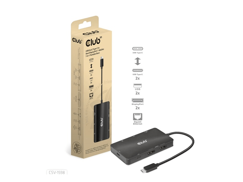 Club3D CSV-1598 USB Gen2 Type-C to Dual DisplayPort 4k60Hz 7-in-1 Dokkoló