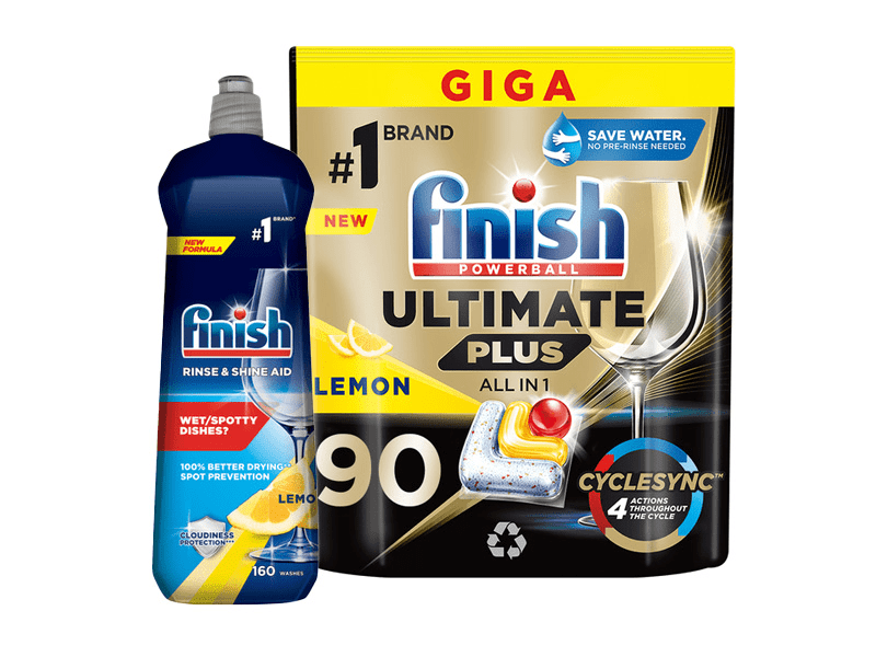 Finish Ultimate Plus All in 1 mosogatógép-kapszula, Lemon, 90 db + Finish Shine & Protect Rinse Aid öblítőszer gépi mosogatáshoz, Citrom illat, 800 ml