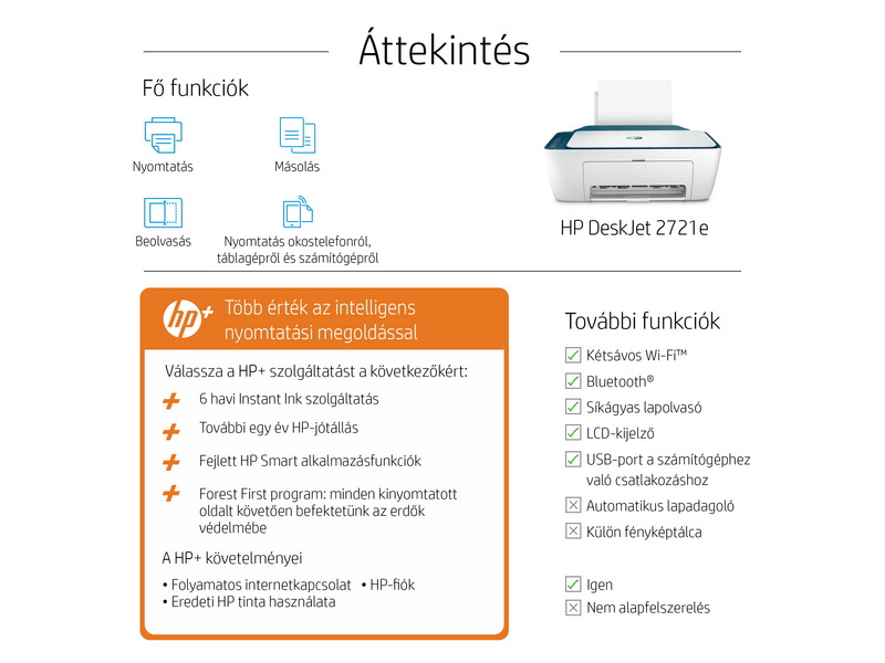 HP DeskJet 2721e multifunkciós tintasugaras nyomtató, A4, színes, Wi-Fi, HP+, 6 hónap Instant Ink (26K68B)