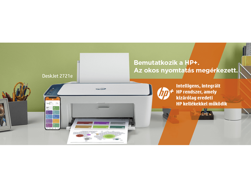 HP DeskJet 2721e multifunkciós tintasugaras nyomtató, A4, színes, Wi-Fi, HP+, 6 hónap Instant Ink (26K68B)