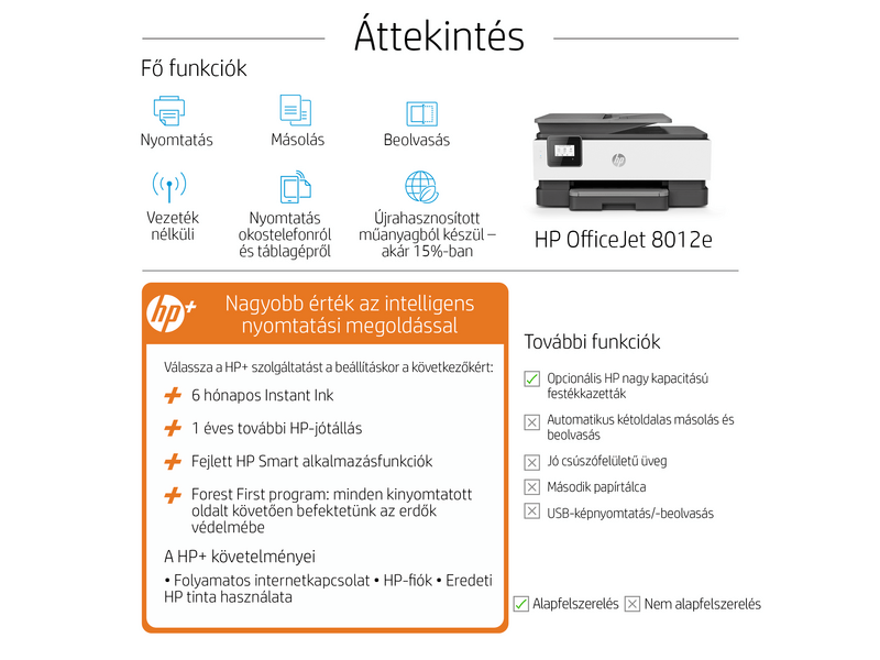 HP Officejet Pro 8012e multifunkciós tintasugraras nyomtató, A4, színes, Wi-Fi, HP+, 6 hónap Instant Ink (228F8B)