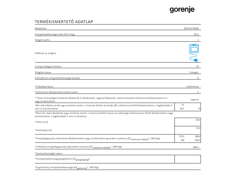Gorenje GECS5C70WA Kerámialapos tűzhely