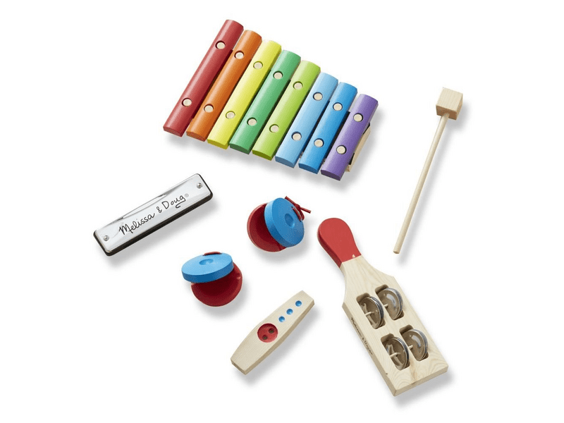 Melissa & Doug hangszerek, zenekar a dobozban, rázd-fújd-koppintsd