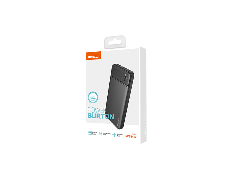RECCI RPB-N16B TypeC 2USB Powerbank 10.000mAh, fekete