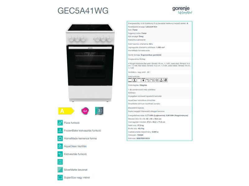 Gorenje GEC5A41WG Kerámialapos Tűzhely