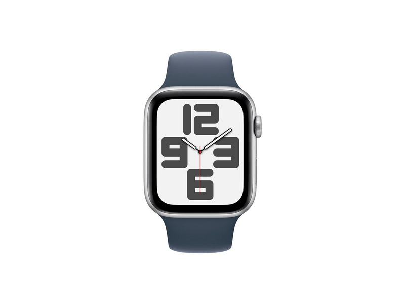 Apple Watch SE (2023) GPS – 44 mm ezüst alumíniumtok, viharkék sportszíj M/L (MREE3QH/A)