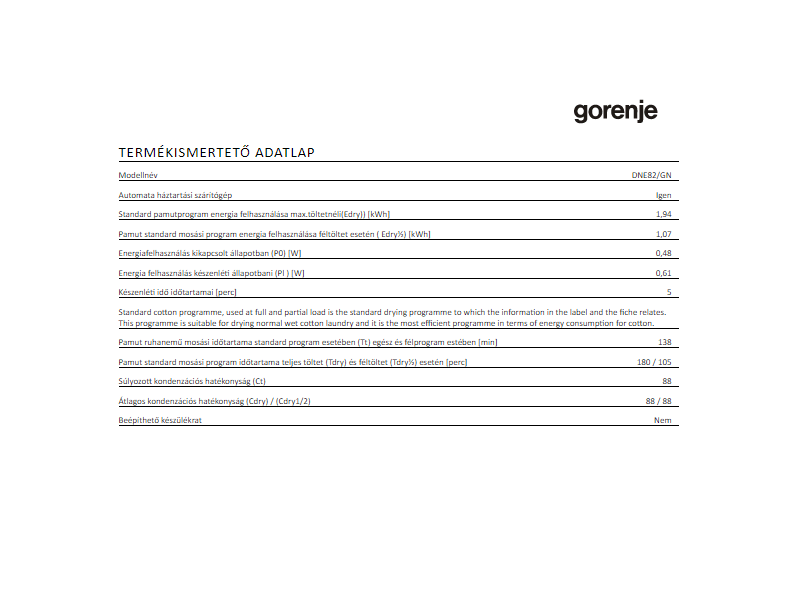 Gorenje DNE82/GN Hőszivattyús szárítógép, 8kg