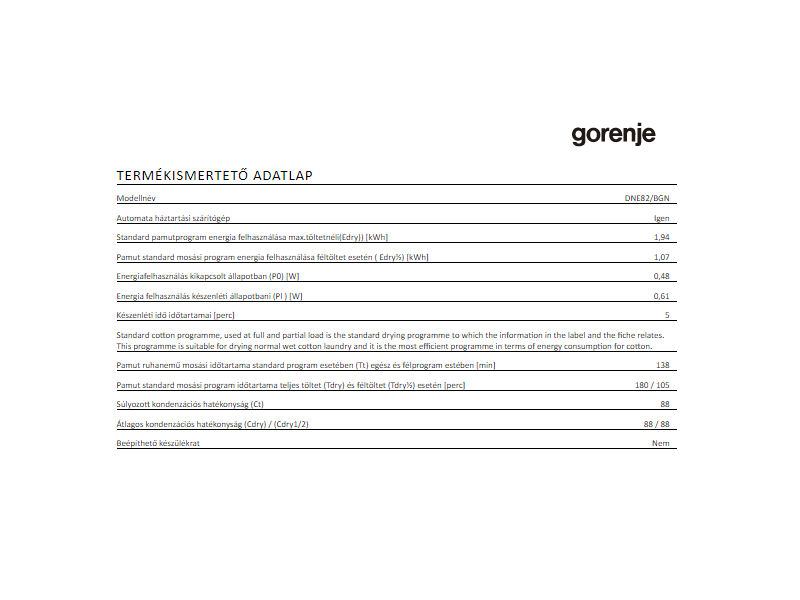 Gorenje DNE82/BGN Hőszivattyús szárítógép,8kg