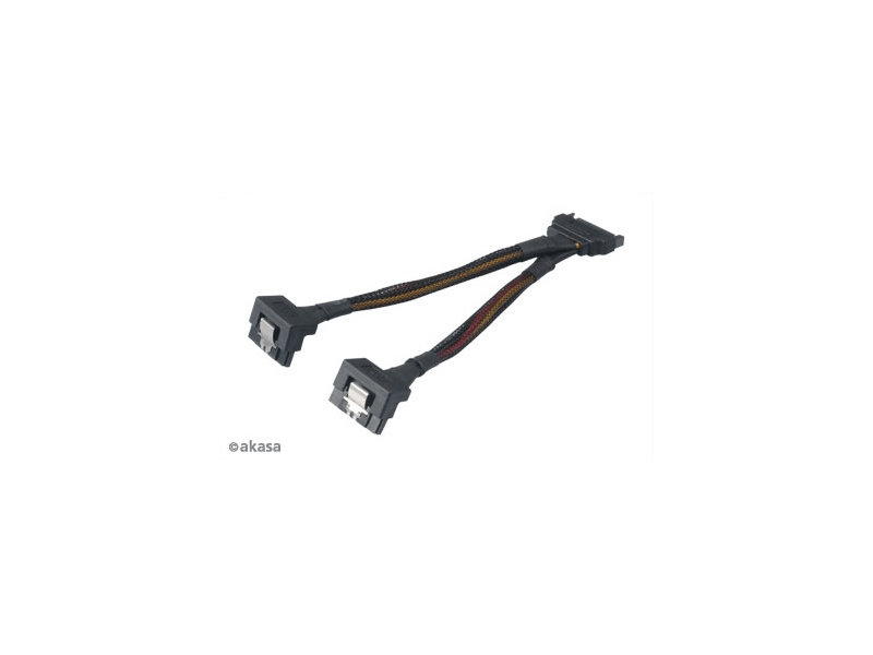 KAB Akasa 15pin SATA apa - 2x 15pin SATA anya 90°-ban elforgatott tápkábel - 15cm - AK-CBPW15-15BK