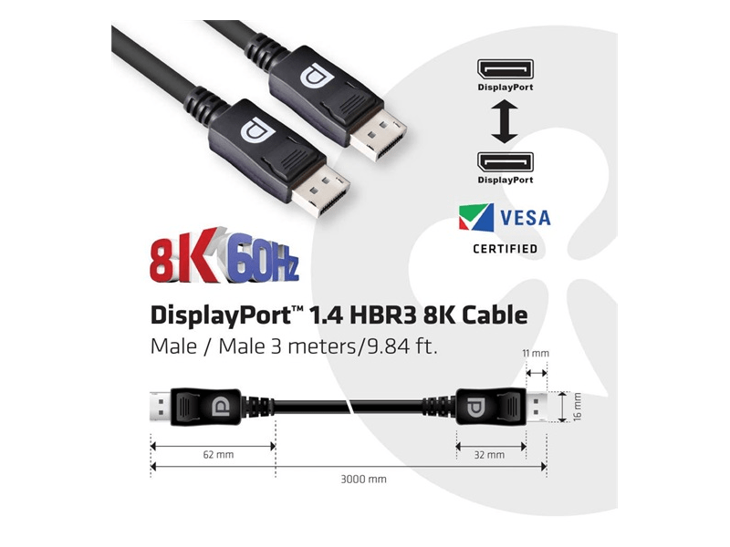 KAB Club3D DisplayPort 1.4 HBR3 8K60Hz 28AWG kábel M/M - 3m