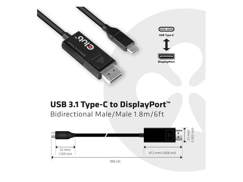 KAB Club3D USB TYPE C TO DP 1.4 8K60HZ HDR  1.8M kábel