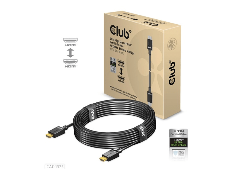 KAB Club3D Ultra High Speed HDMI Certified Cable 4K120Hz 8K60Hz 48Gbps M/M 5m/16.4ft