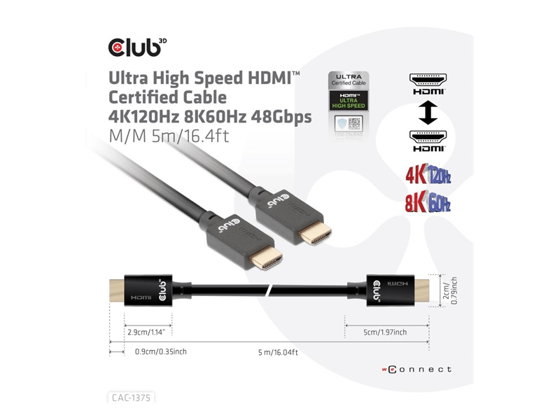 KAB Club3D Ultra High Speed HDMI Certified Cable 4K120Hz 8K60Hz 48Gbps M/M 5m/16.4ft