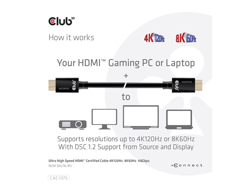 KAB Club3D Ultra High Speed HDMI Certified Cable 4K120Hz 8K60Hz 48Gbps M/M 5m/16.4ft