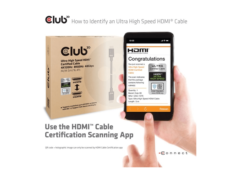 Club 3D CAC-1375 Ultra High Speed HDMI 2.1 Kábel, 5 m