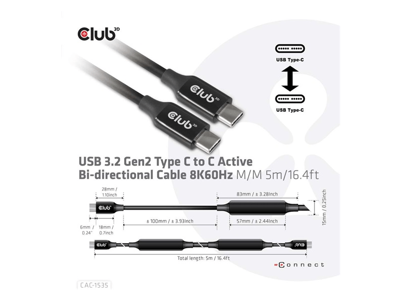Club3D CAC-1535 USB 3.2 Gen2 Type C kábel, 8K60Hz, 5m