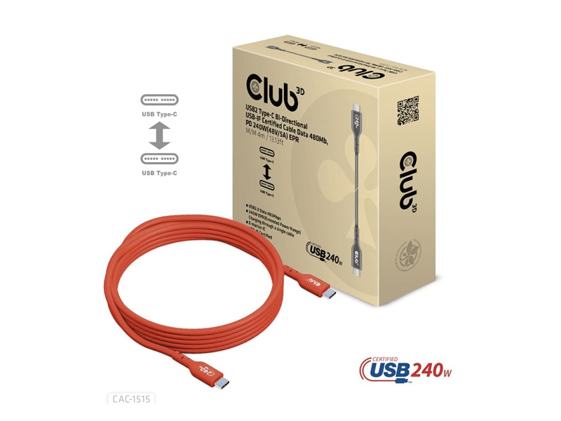 Club3D CAC-1515 USB2 Type-C Bi-Directional USB-IF Adatkábel, 4m