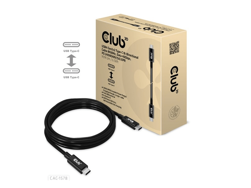 Club3D CAC-1578 USB4 Gen3x2 Type-C Bi-Directional Cable 8K60Hz, Data 40Gbps, PD 240W