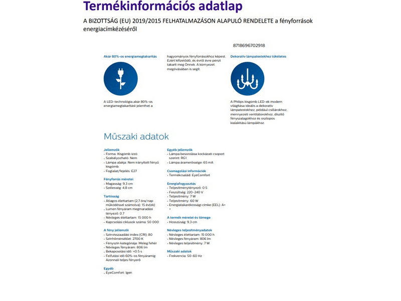 PHILIPS E27 7W 2700KB LED izzó
