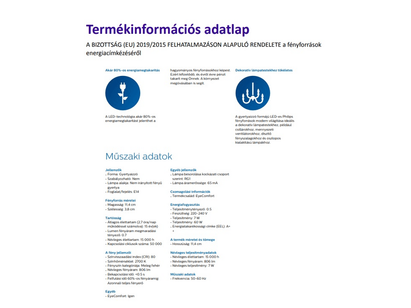 PHILIPS E14 7W 2700KC LED izzó