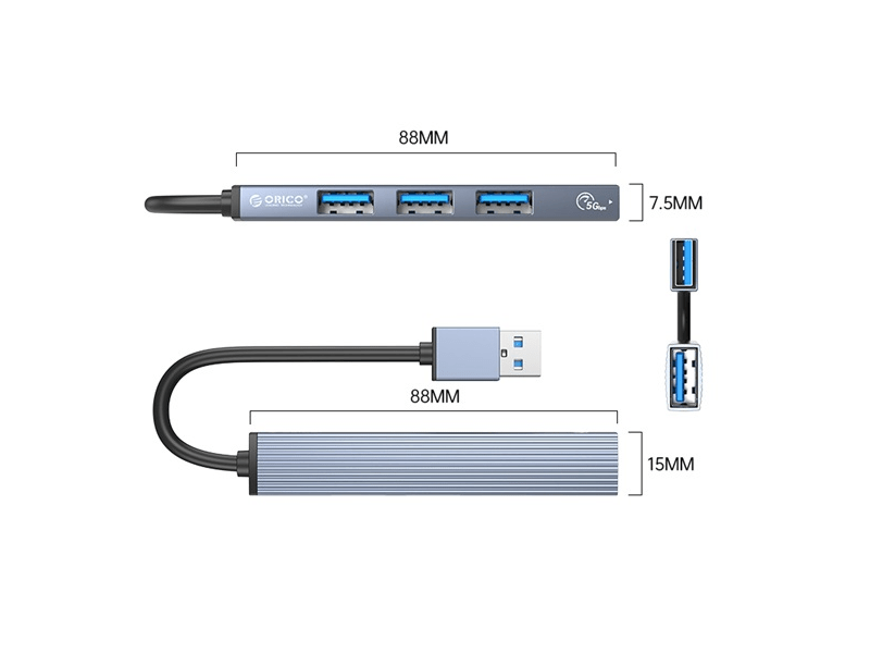 Orico USB3.0 Hub - AH-A13-GY (4 port, Bemenet: USB-A, Kimenet: 1xUSB-A3.0+3xUSB-A2.0, szürke)